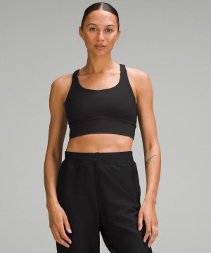 Black Lululemon Energy Ribbed Longline Medium Support, B–D Cups Women Sports Bra | NZ_LuLu74819