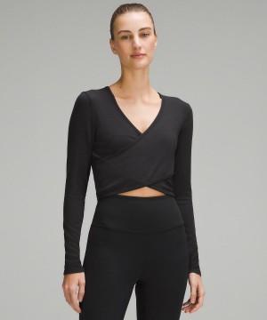 Black Lululemon Wrap-Front Ribbed Long-Sleeve Top Women Shirts | NZ_LuLu35405