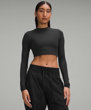 Black Lululemon Wundermost Ultra-Soft Nulu Mockneck Super-Cropped Long-Sleeve Women Shirts | NZ_LuLu69538