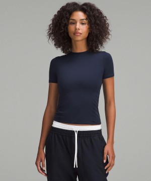 Navy Lululemon Wundermost Ultra-Soft Nulu Hip-Length Crew Short-Sleeve Women Shirts | NZ_LuLu31525