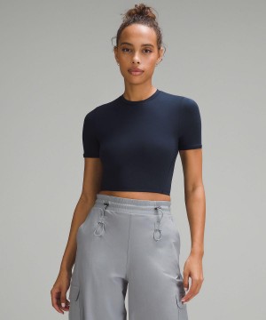 Navy Lululemon Wundermost Ultra-Soft Nulu Crewneck Cropped T-Shirt Women Shirts | NZ_LuLu73871