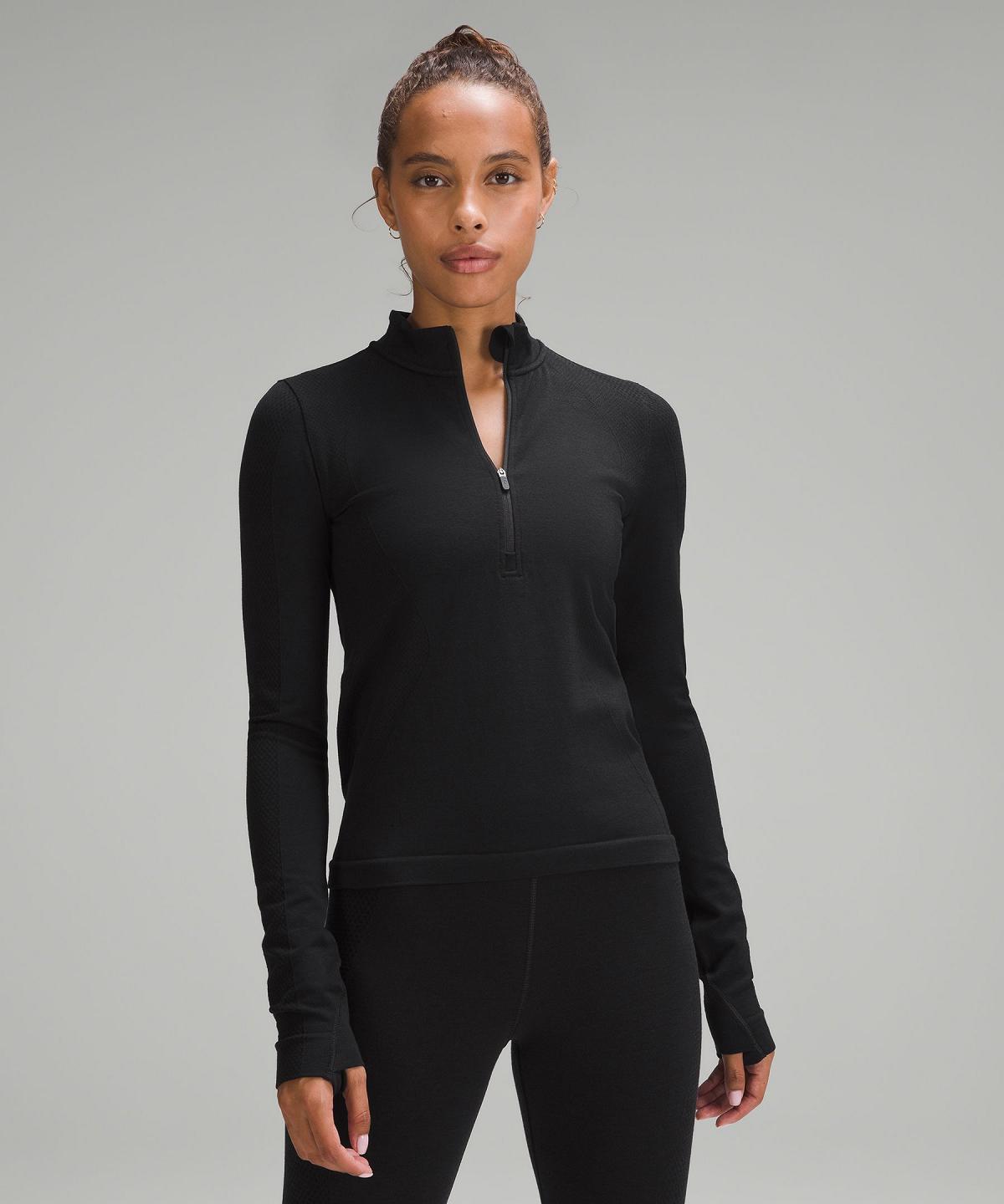 Black Lululemon Merino Wool-Blend Base Layer Half Zip Women Long Sleeve Shirts | NZ_LuLu90997