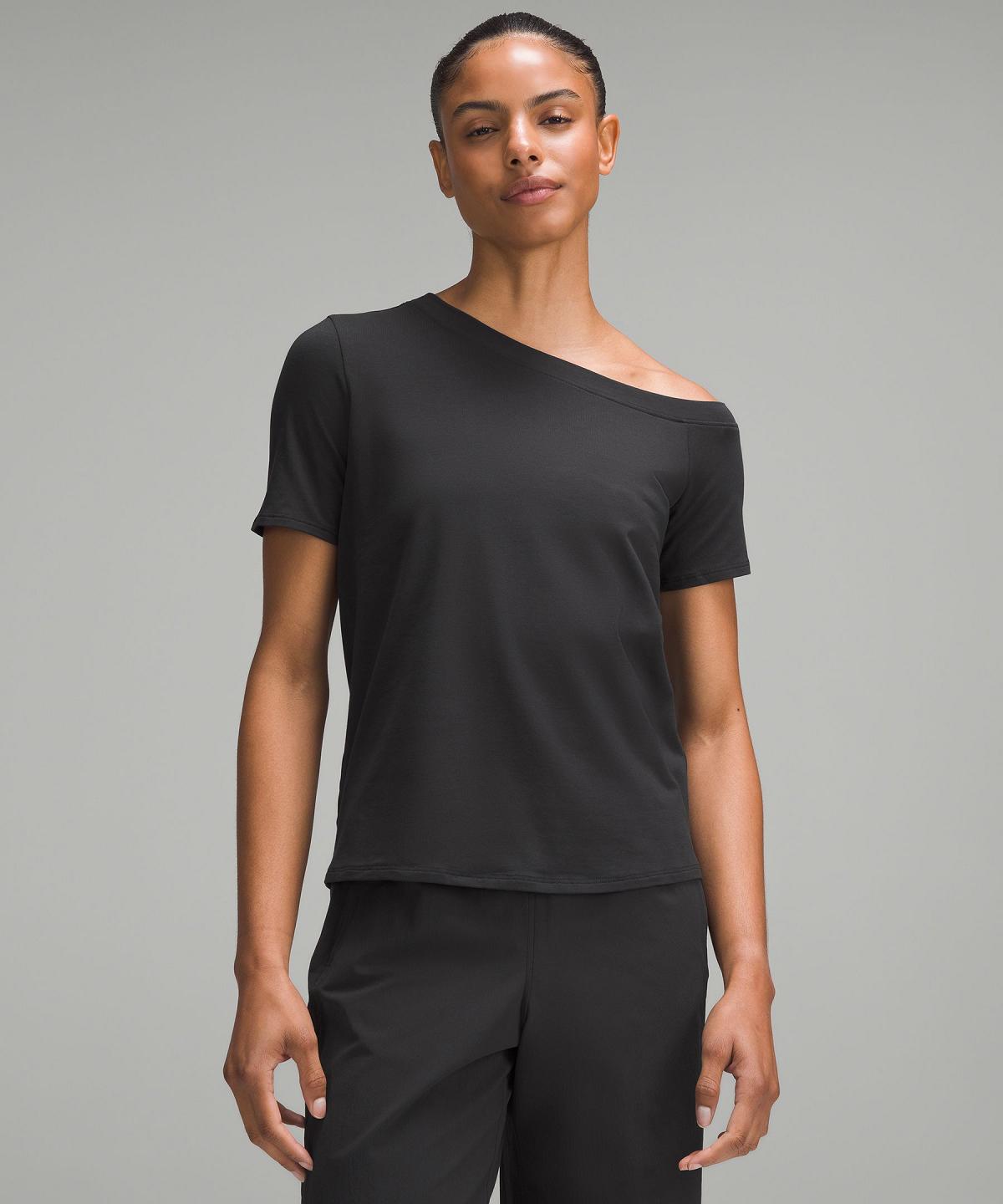 Black Lululemon Off-The-Shoulder Cotton T-Shirt Women Shirts | NZ_LuLu95620