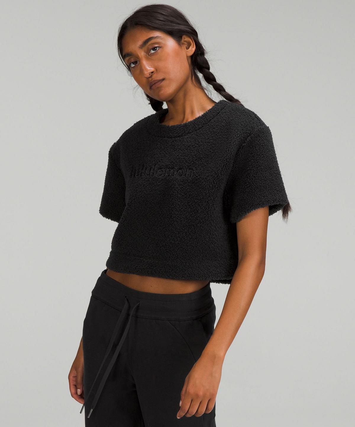 Black Lululemon Textured Fleece Embroidered Logo Women T Shirts | NZ_LuLu48580