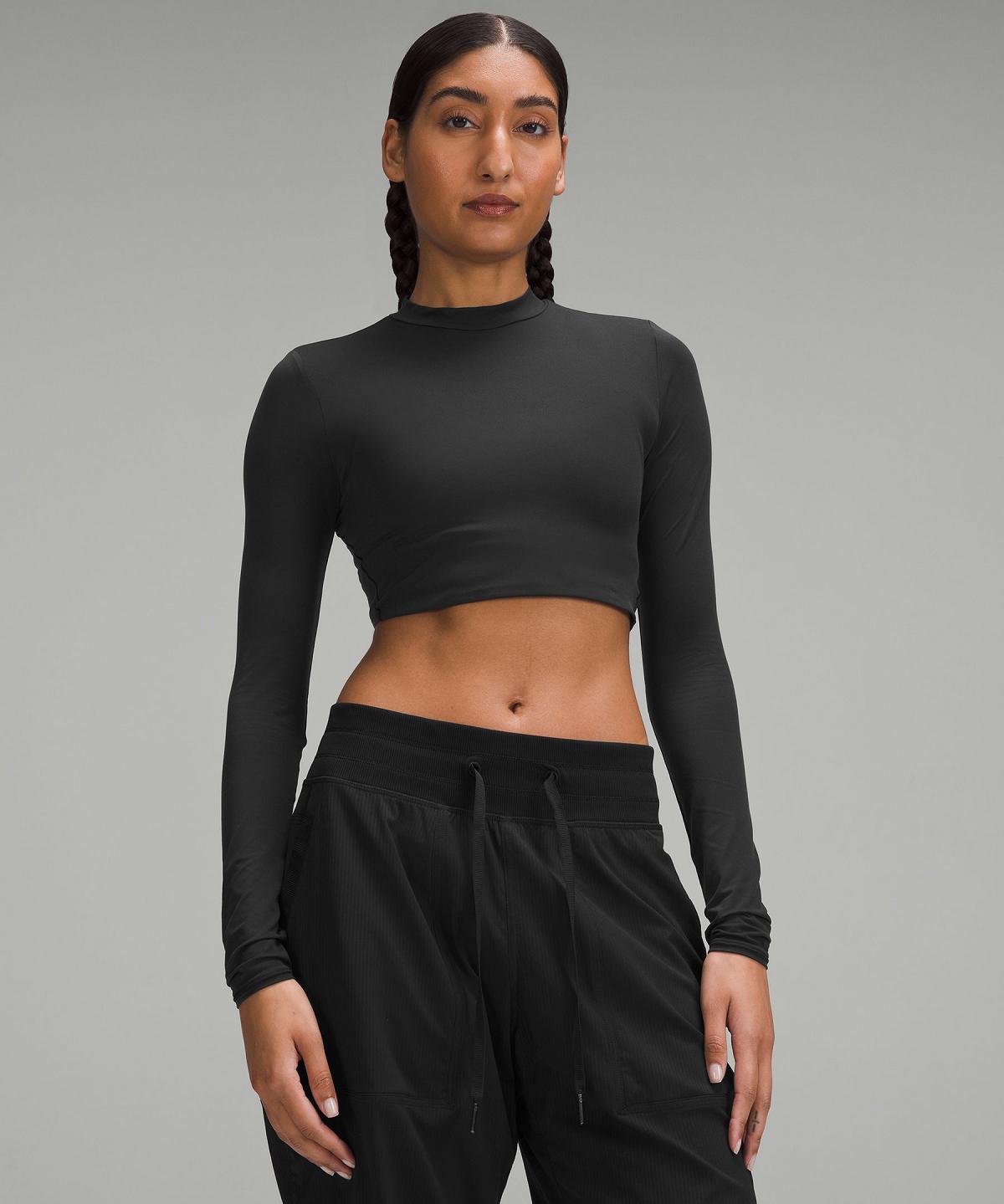 Black Lululemon Wundermost Ultra-Soft Nulu Mockneck Super-Cropped Women Long Sleeve Shirts | NZ_LuLu76016