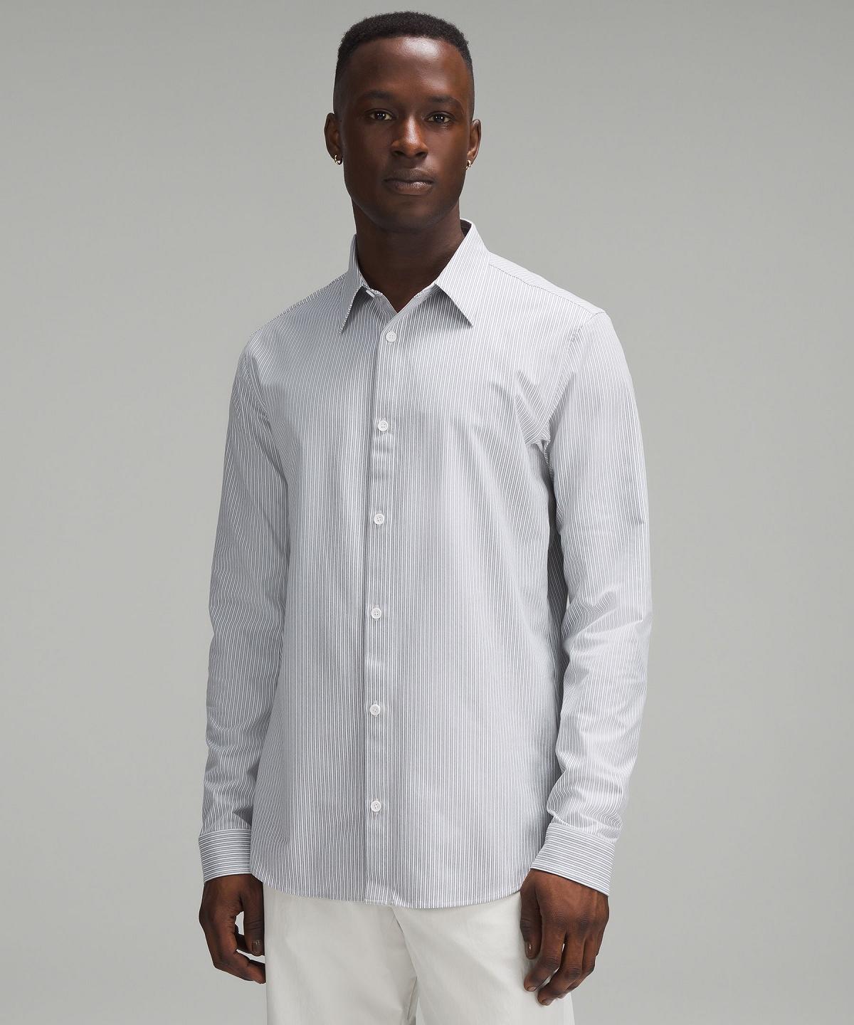 Stripes White Grey Olive Lululemon New Venture Slim-Fit Long-Sleeve Men Shirts | NZ_LuLu37888